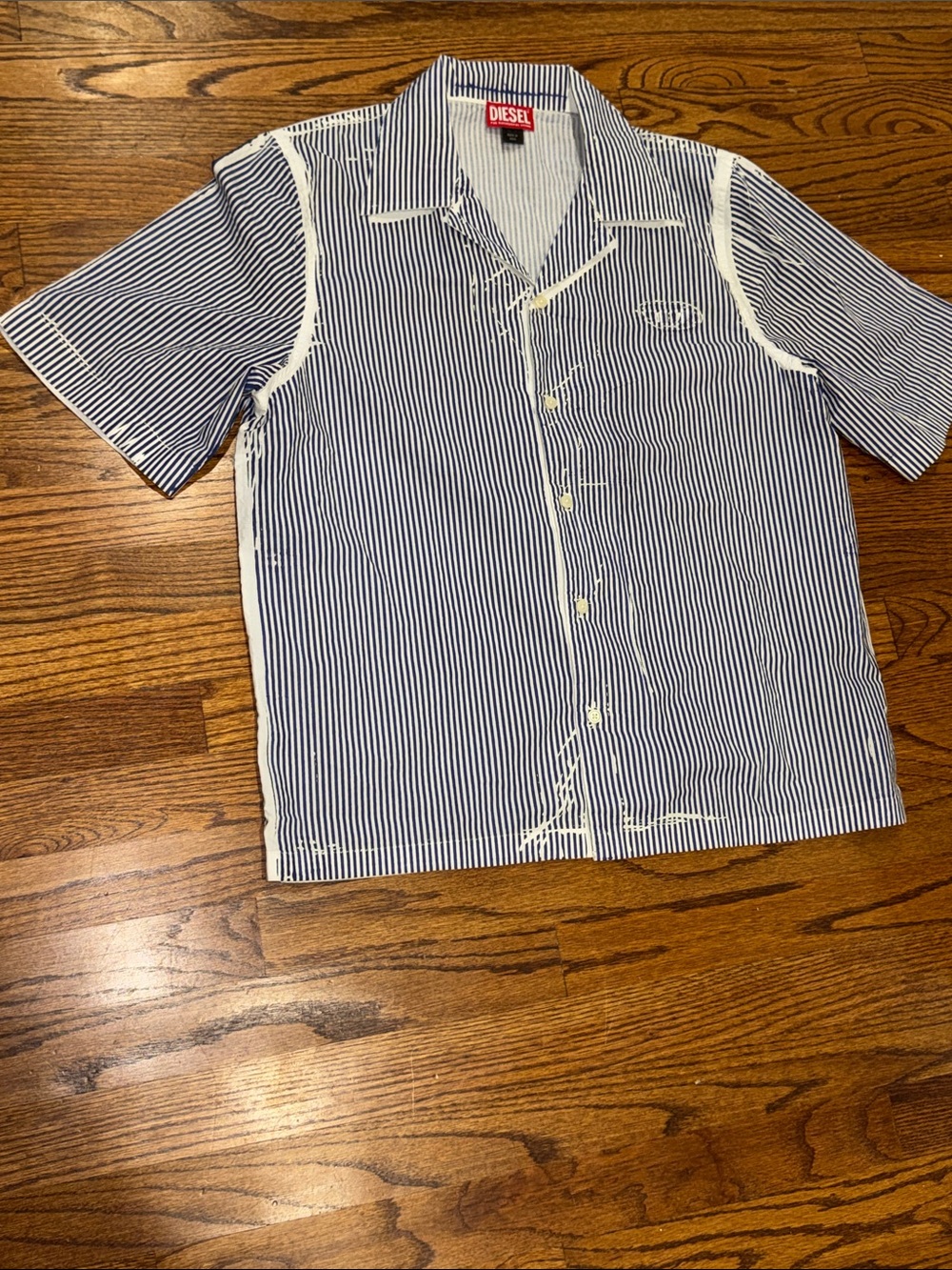 Diesel Blue and White Striped Short-Sleeve Button-Down Shirt
